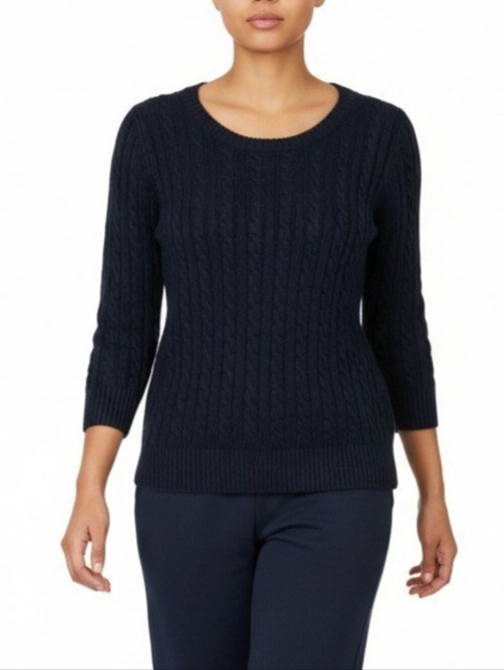 Brooks Brothers Cable Knit Sweater Women's M Navy Slinky Academia Preppy Stretch
